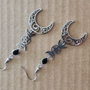 Silver Crescent Moon Earrings With Black Glass Accent